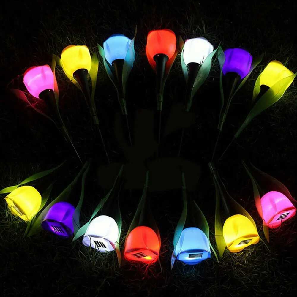 Solar Light Outdoor Solar Powered LED Tulip Flower Lights Garden Yard Path Way Color Lamp Lawn Christmas Holiday Decoration W250607