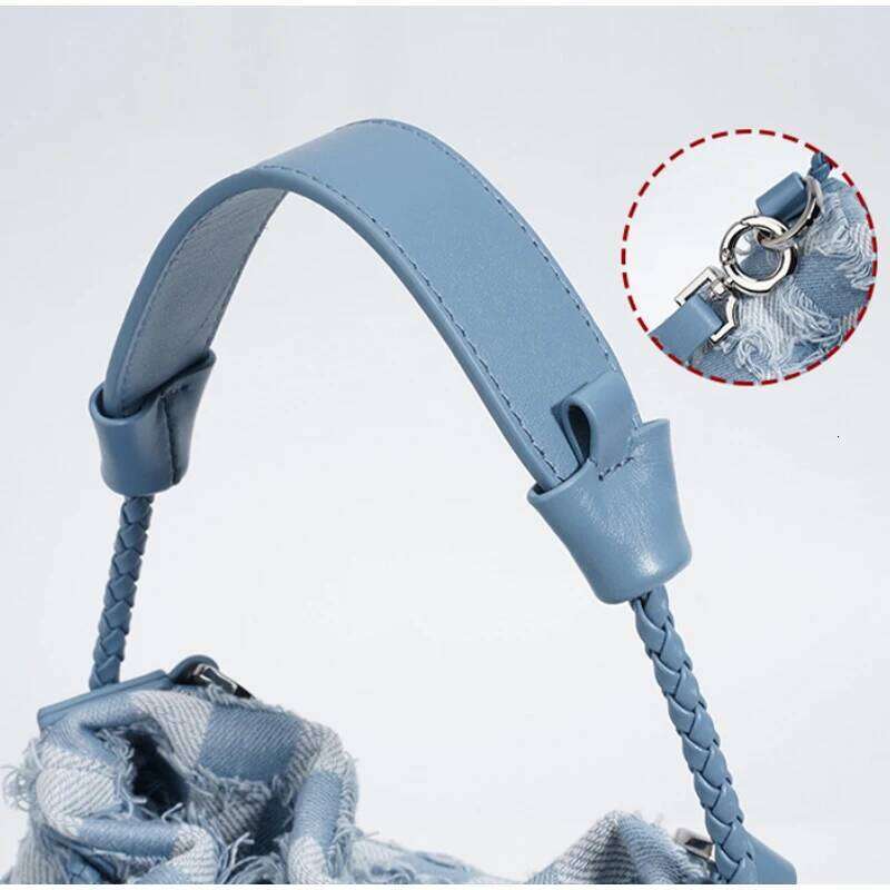 Summer New Women's Genuine Leather Handbags Fashion Blue Denim Plaid Design Drawstring Tote Shoulder Bag With Small Purse