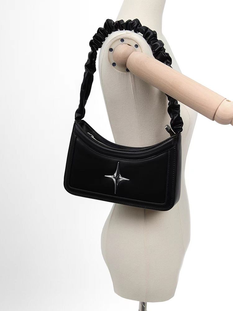 designer High-end Vintage French Style Niche Pleated Underarm Bag Women's Star Shoulder Baguette Bag Trendy Black Bag This Year