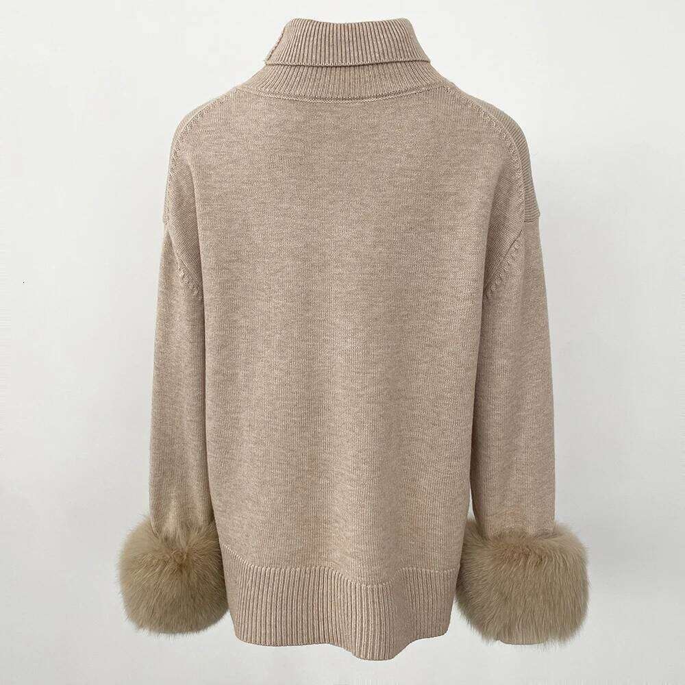 New Autumn Winter Standup Collar Cuff Spliced Natural Fox Sleeves Women Loose Knitted Genuine Real Fur Sweater