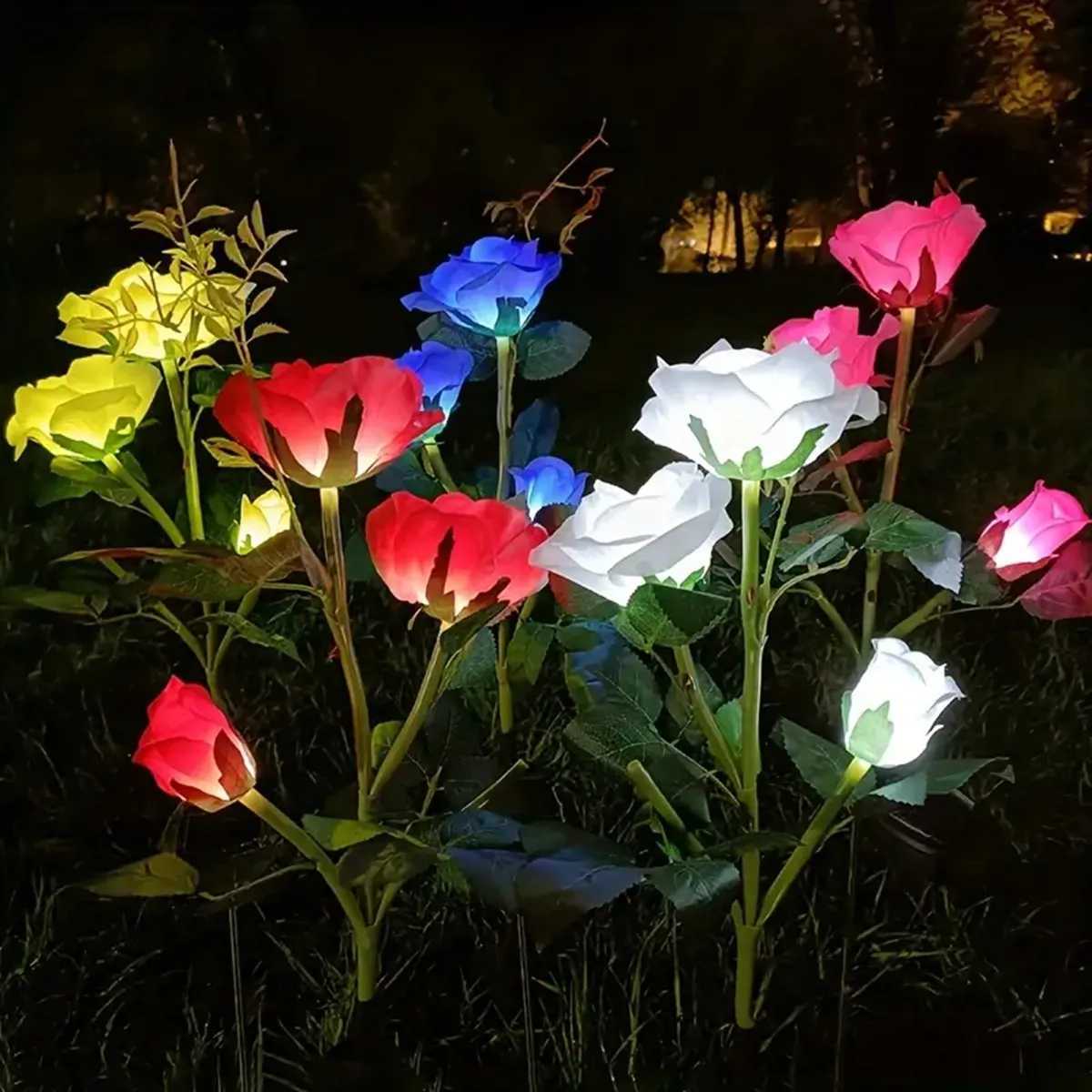 1pcs Outdoor Waterproof Solar Rose Lights with 3 Realistic Lighted Flower Heads Garden Decorative Lamp For Home Patio Decoration XJ250606