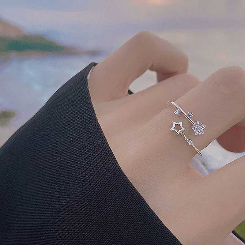 CIAXY Silver Color Hollow Five-pointed Star Rings for Women Flower Vine Adjustable Ring Inlaid Zircon Wedding Jewelry W250606