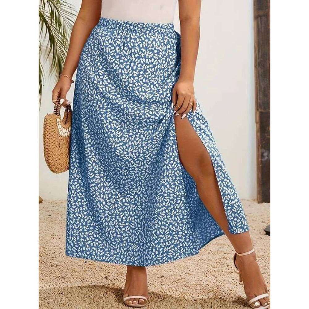 GIBSIE Plus Size Ditsy Floral Split Long Skirts Women Summer Holiday Style High Waist Print Boho A-Line Skirt Female Bottoms