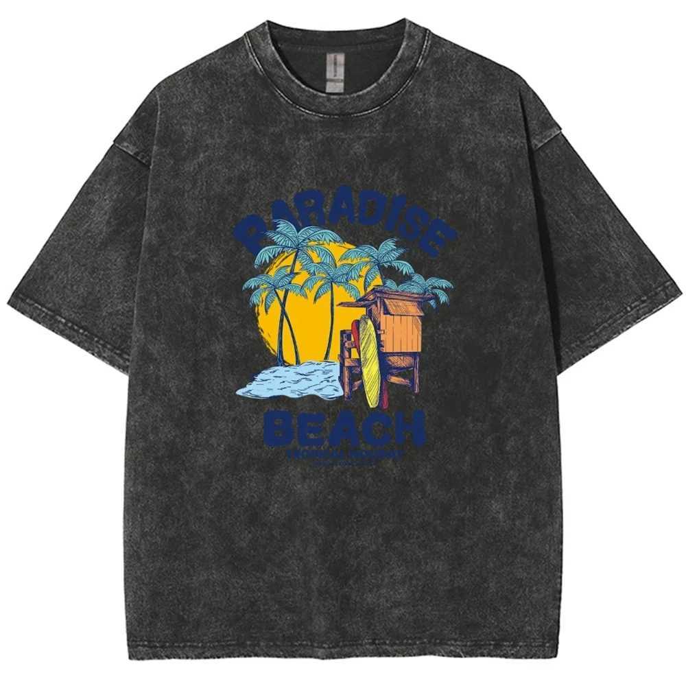 Heaven Beach Printed T-shirt Street Casual Style Washed Distressed Mens and Womens Short Sleeve Summer graphic t shirts W250607