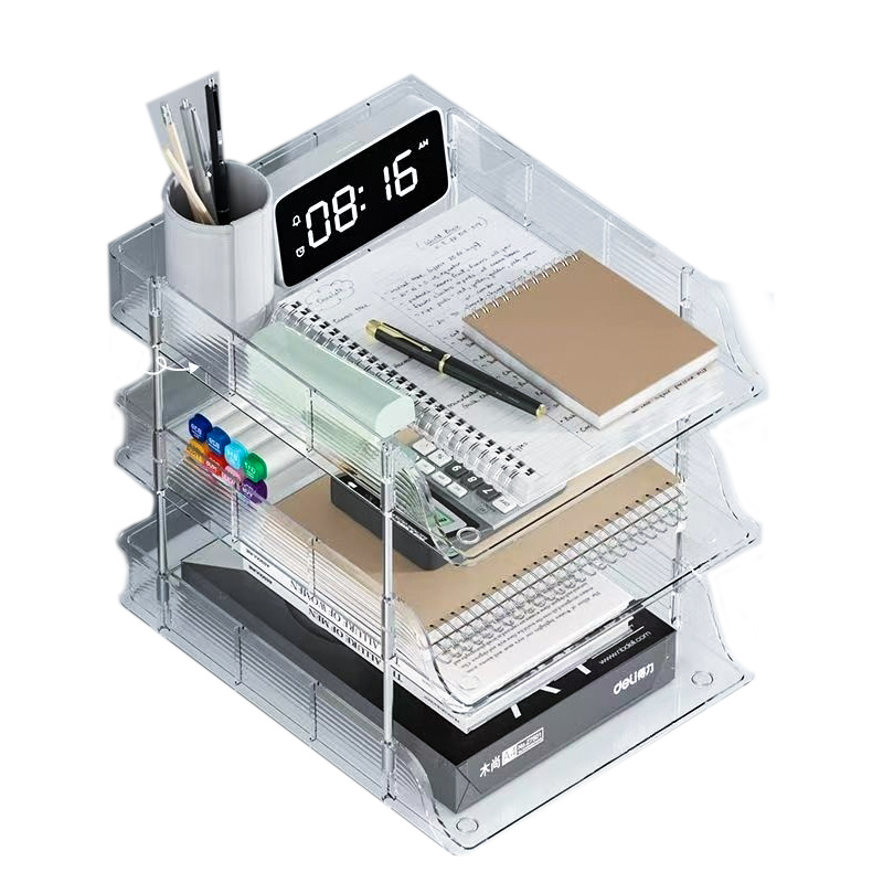 tripletier transparent plastic desktop organizer with storage shelves