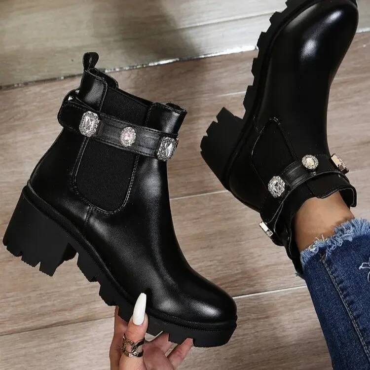 Ddmyoutdoor New Women Ankle Boots Crystal Rhinestone Slip On Platform PU Leather S Booties Spring Autumn Females Footwear Outdoor Shoes