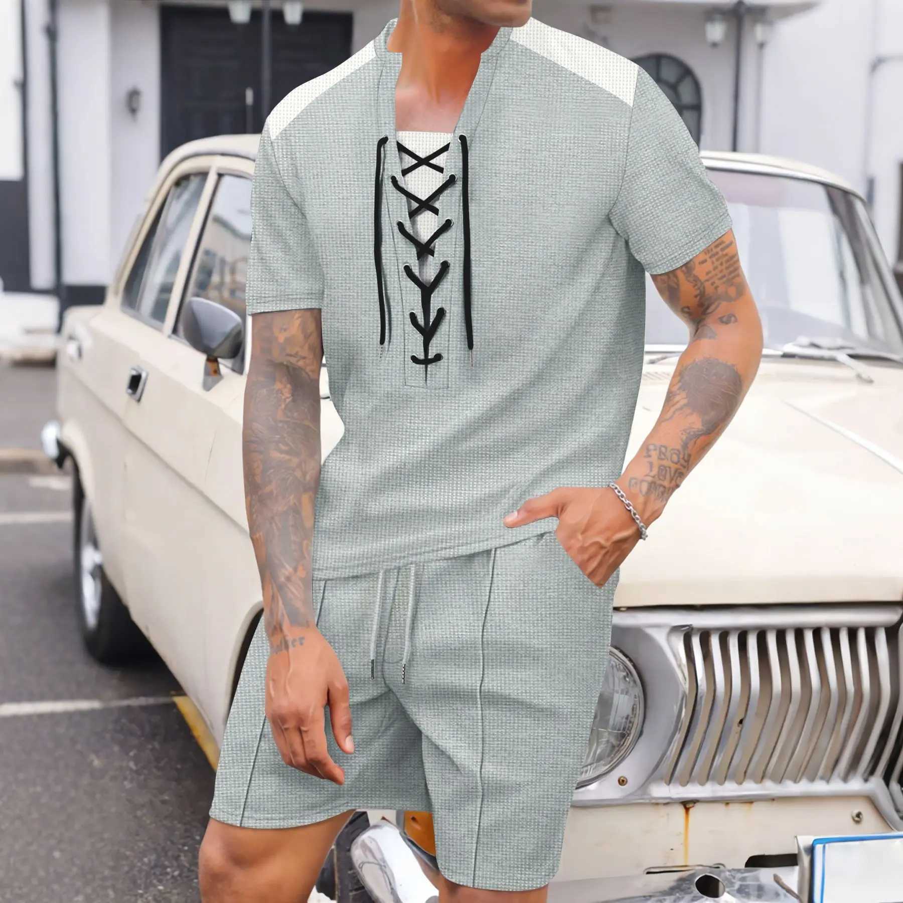 2025 Summer Mens New Leisure Fashion City Wear Rope Round Neck T Trend Waffle Short-Sleeved Shorts Two-Piece Suit W250609