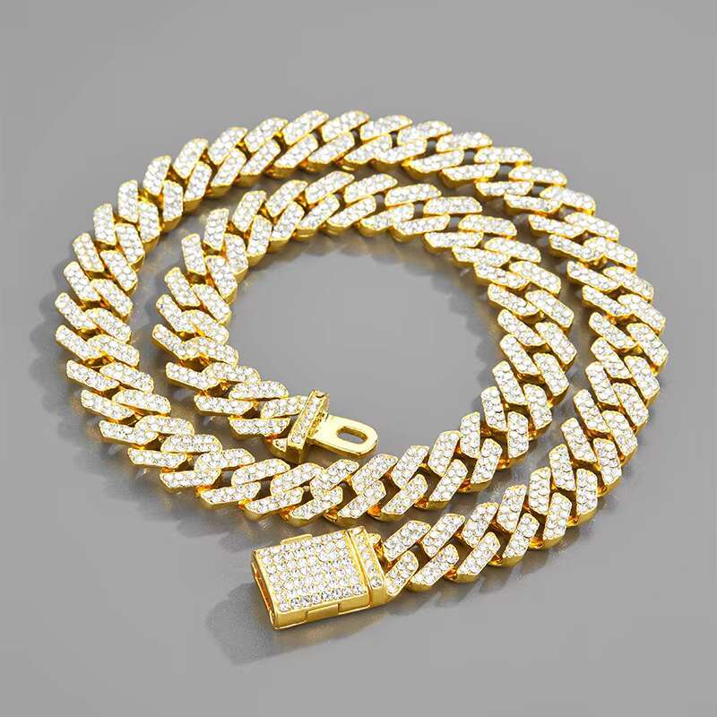 Factory Wholesale Jewelry 14MM 14kt 18k Gold Plated Iced Out Cuban Link Kolye Full Diamond CZ Prong Cuban Chain Necklace