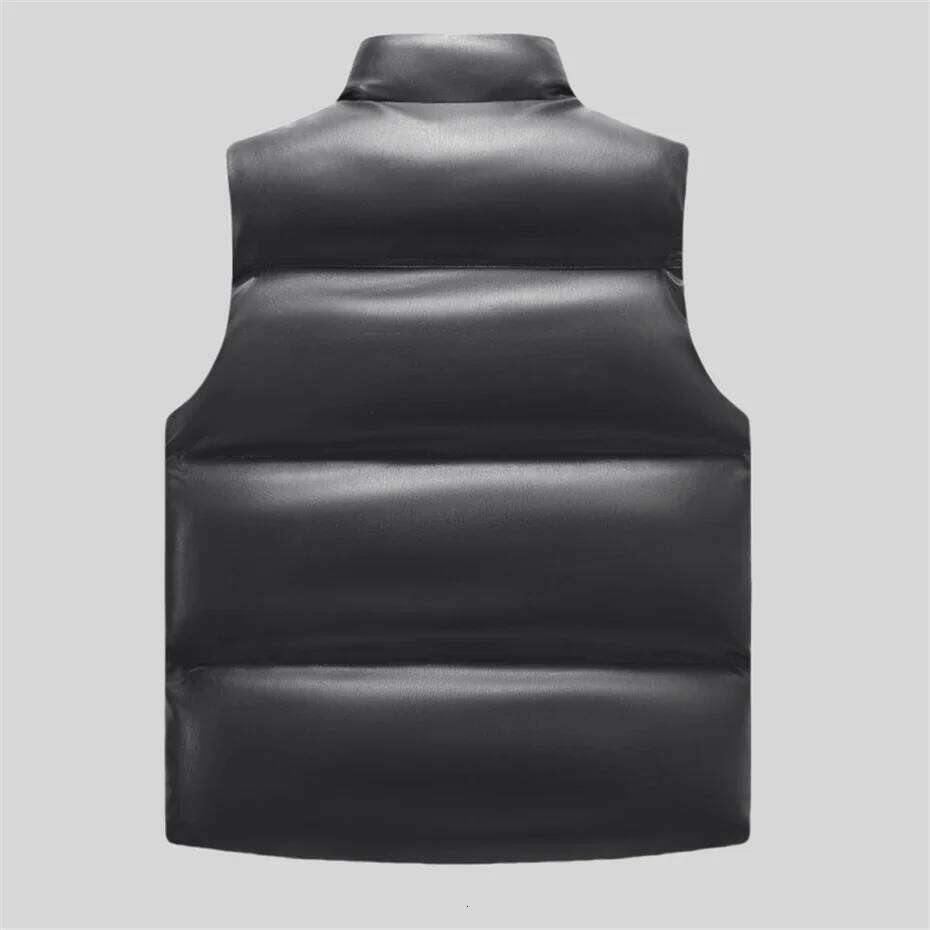 Windproof PU Leather Vest for Men Zipper Warm Thicken Waistcoat Thick Gilet Bread Winter Sleeveless Jacket Padded Coat