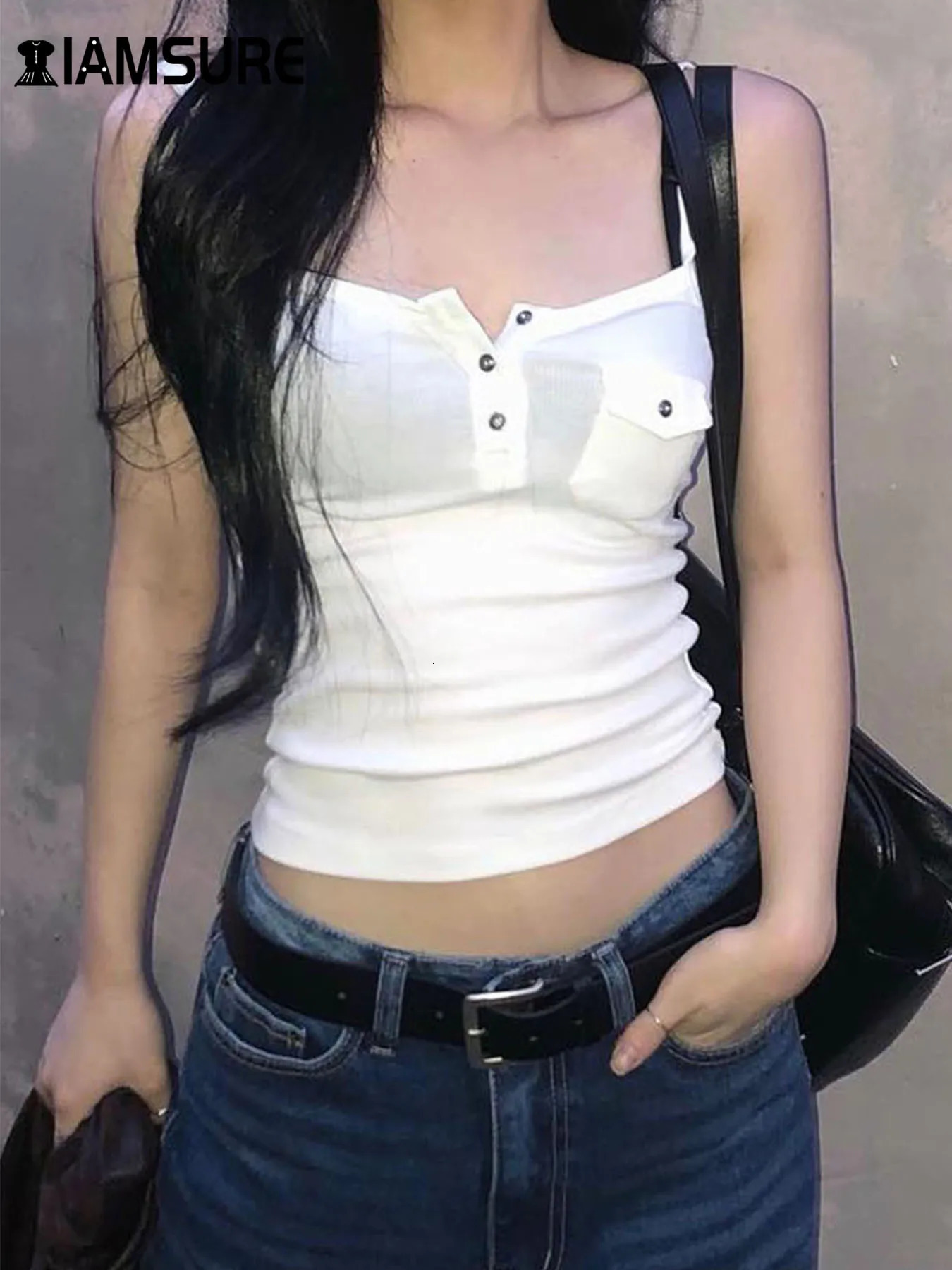 IAMSURE Casual Solid Pockets Camis Top Sexy Slim Slash Neck Sleeveless Tank Toop 2024 Summer Fashion Streetwear Ladies 250527