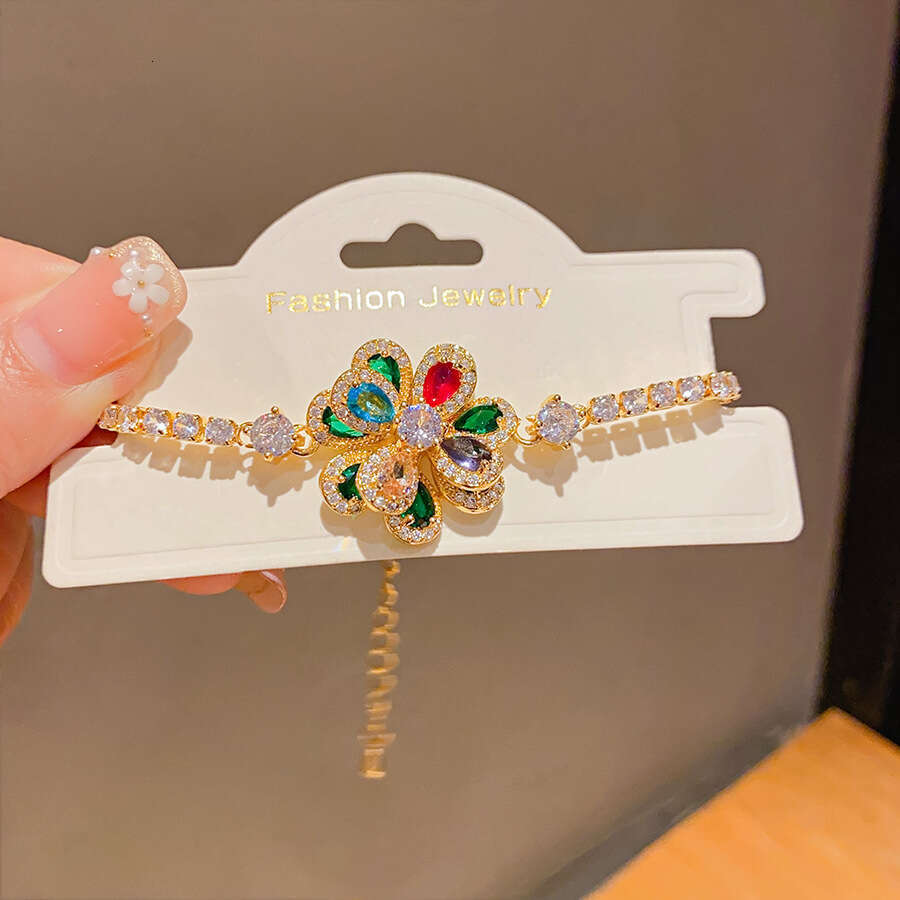 Real Gold Plated Zircon Flower Double Layer Color Light High-end Sense Bracelet Palace Style Fashion Jewelry