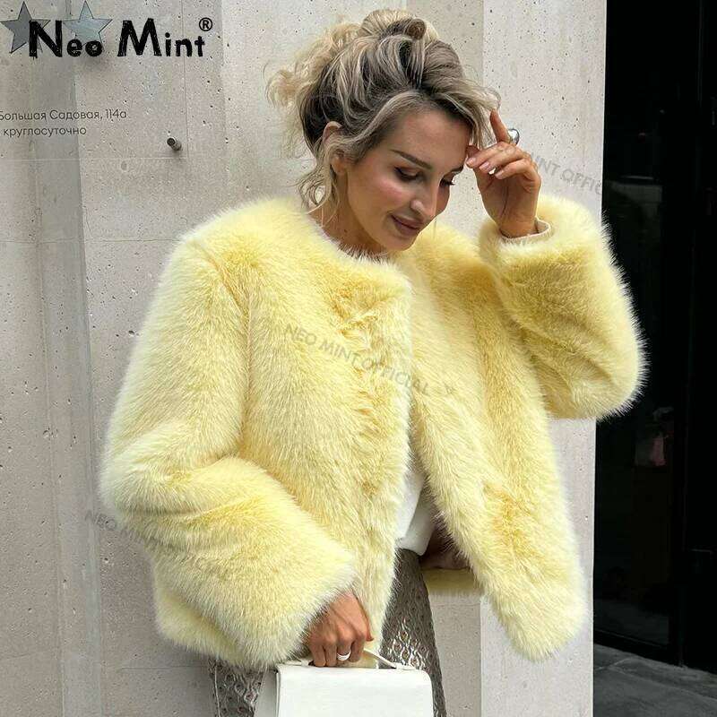 Neo Mint Cool Street Girls Winter Fashion Fluffy Fox Jacket Women Casual Round Neck Faux Fur Coat Chic Thick Warm Outerwear