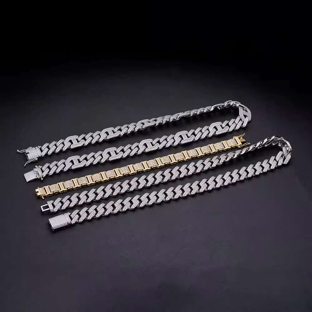 Hip Hop Custom Diamonds 925 Sterling Silver 14K Gold Plated Iced Out 12 mm Miami Cuban Link Chain for Men