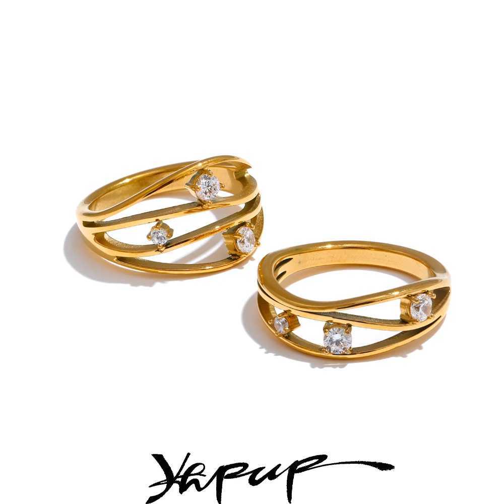 Yhpup 2 Style Stainless Steel Casting Metal Hollow Inlaid Cubic Zirconia Fashion Ring 18k Gold PVD Plated Trendy Finger Jewelry W250606