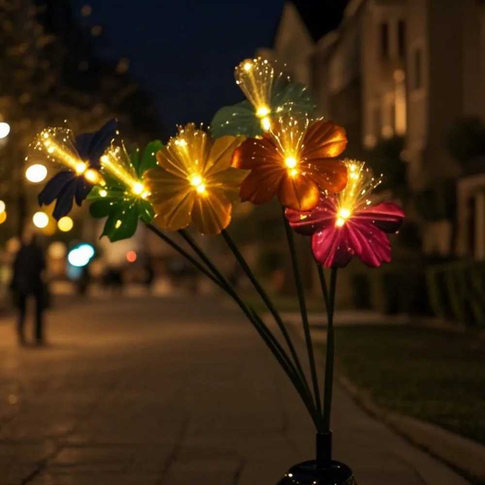 1PC 6Head Solar Large Flower Fiber Optic Ground Plug Light Suitable for Courtyard Garden Lawn Outdoor Camping Party Decoration W250607