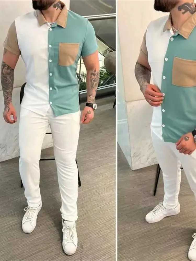 Men Pant Set Two Piece Sets Short Sleeve Turn Down Collar Single Breasted Shirt Tops Splice High Waist Long Pants 2024 W250609