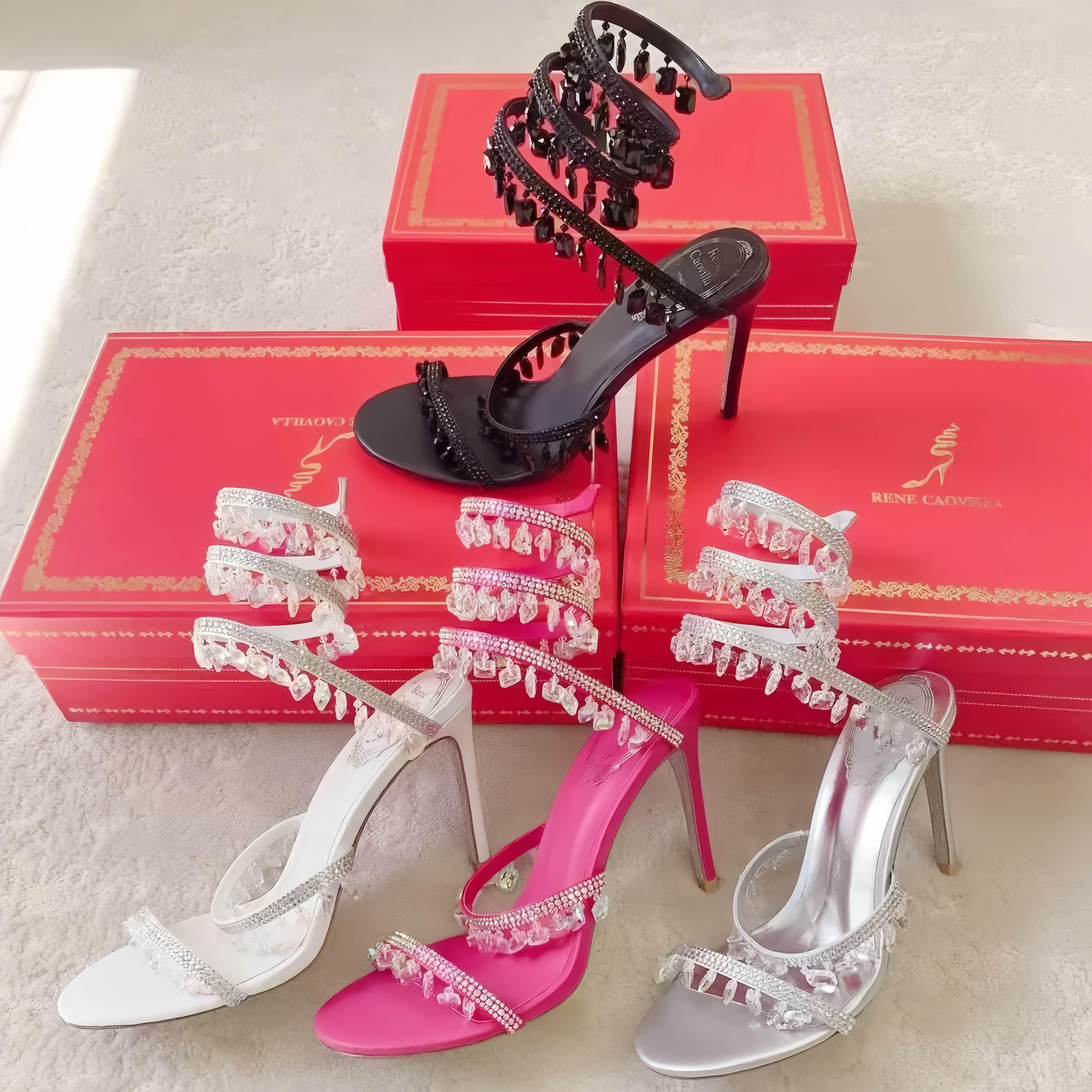 Top rene caoville heel Designer Sandal Womens Stiletto High heel beaded Sliders sequin slingback leather slipper Summer sandale Pump crystal Luxury Dress wed shoe