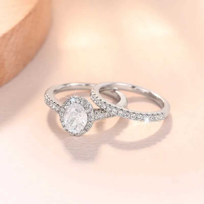 925 Sterling Silver AAA Crystal Cubic Zirconia 2Pcs Rings Set for Women Luxury Female Wedding Ring Jewelry Gifts XJ250606