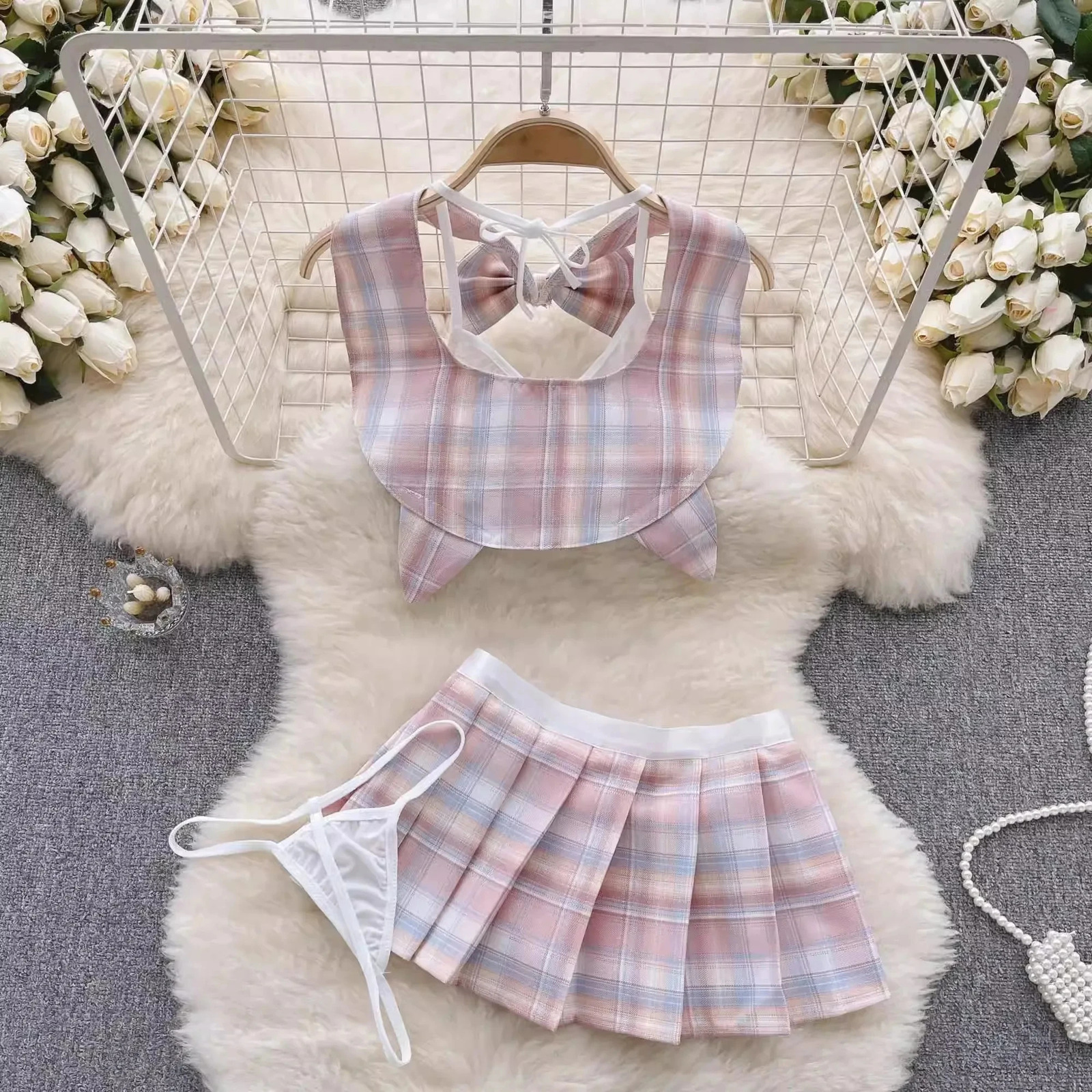 Japan JK Plaid Pleated Skirt Set V-Neck Crop Top Lace Up Short Skirt Sexy Pajama Set Ladys Pink Sleepwear Erotic Lingerie Sets 250603