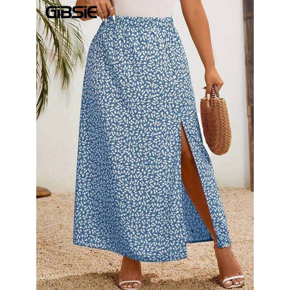 GIBSIE Plus Size Ditsy Floral Split Long Skirts Women Summer Holiday Style High Waist Print Boho A-Line Skirt Female Bottoms