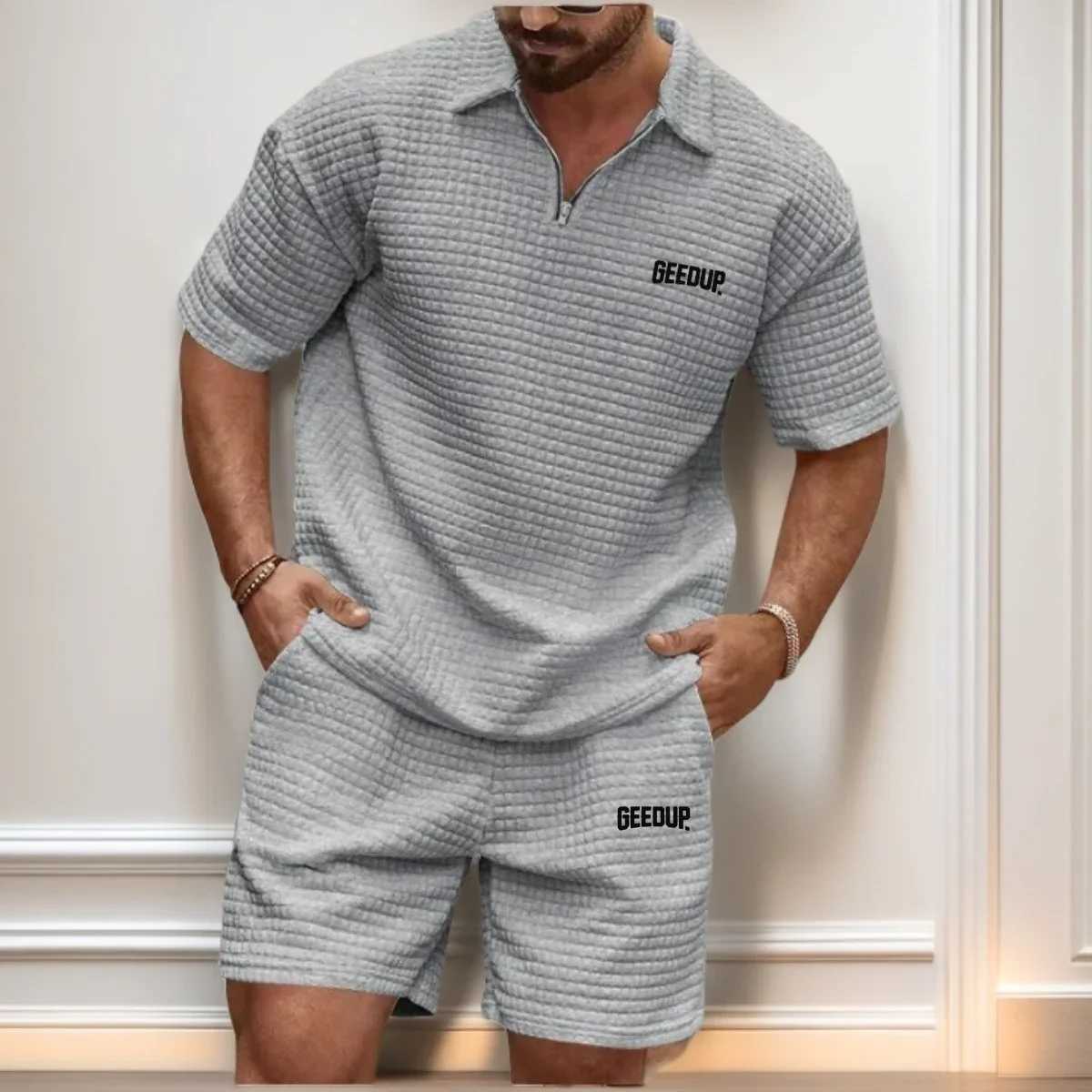 New Mens Casual Fashionable and Comfortable Waffle Checkered Letter Lapel Sportswear Set Spring and Summer Two-Piece Set W250609