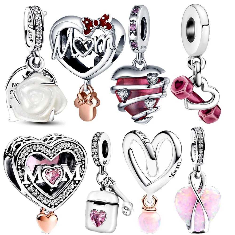 Original 925 Silver Charms Zircon Heart Rose Pink Flower Charm Fits Charms Bracelet 2024 Mothers Day Jewelry Gifts XJ250607