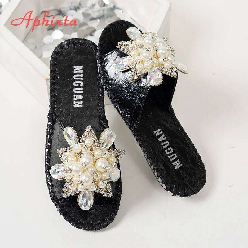 Aphixta New Gold Crystal Flower Slippers Women Summer Round Toe Shoes Outdoor Flat Heel Bling Slides Big Size43 Flip Flop