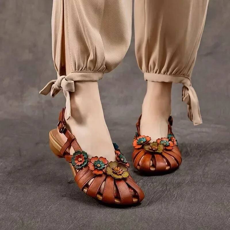 Ddmyoutdoor Retro Women Rome Sandals Flower Buckle Design Soft Leather Platform Sandal Casual Fashion Mom Shoes Sandalias Mujer Outdoor Shoes