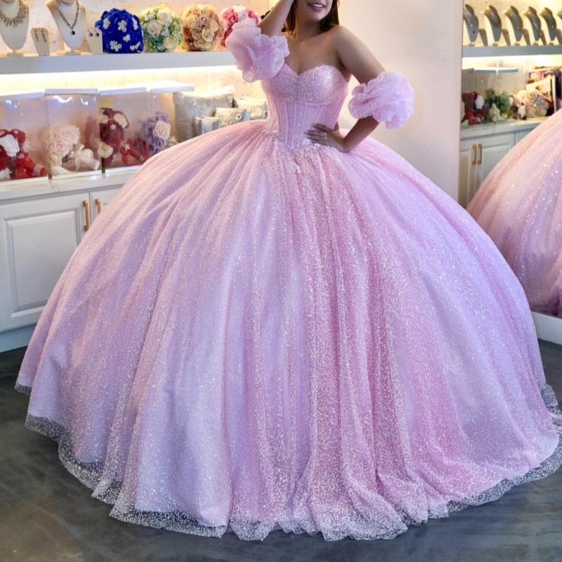 Pink Shiny Quinceanera Dresses Ball Gown Off The Shoulder Beads Tull Corset Sweet 16 Dress Vestidos 15 De Anos