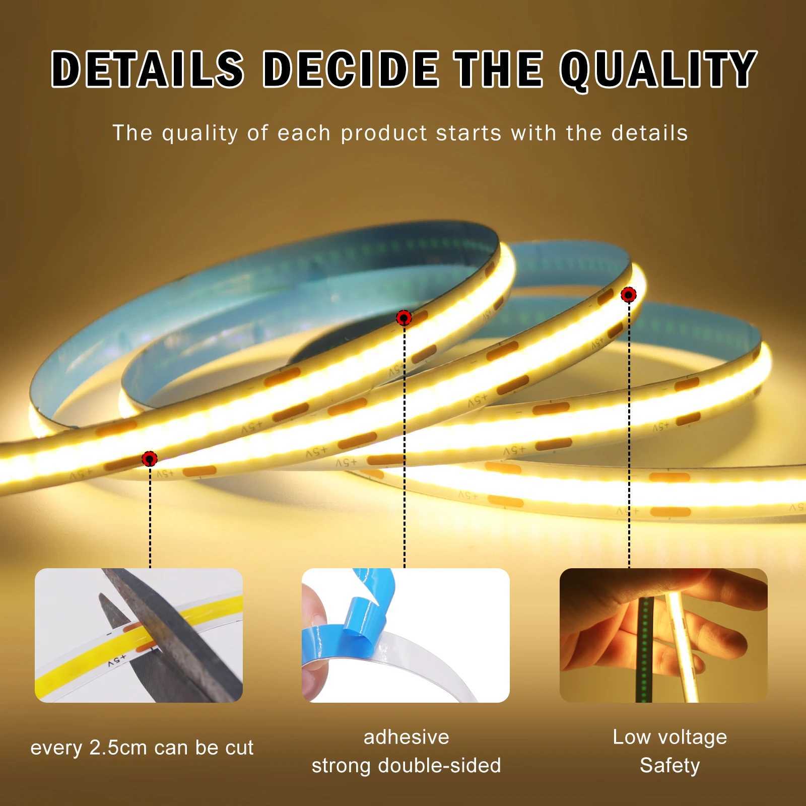 5V 8mm COB LED Strip Light PIR Motion Sensor 320LEDs/M Flexible LED Tape Ribbon for Stair Night Light White Red Blue Green Pink XJ250606