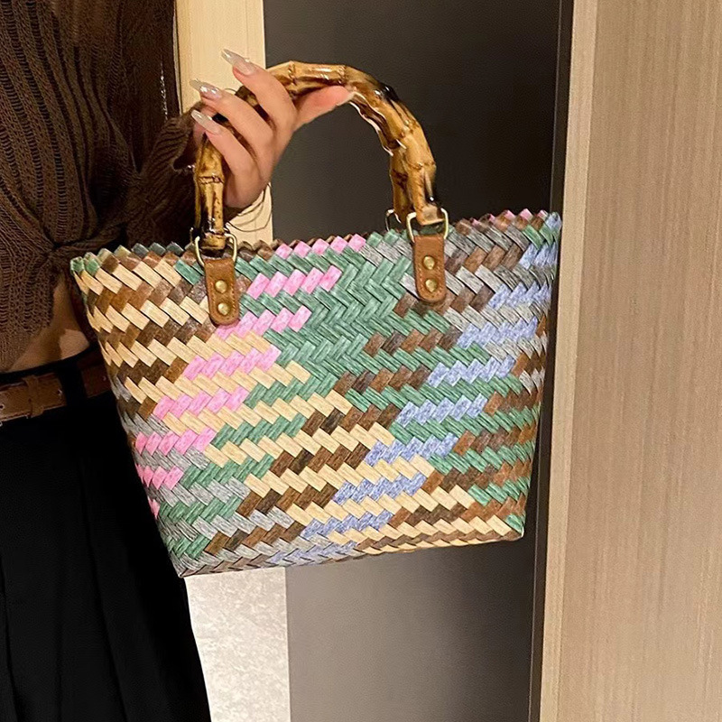 Factory Wholesale Colorful Imitation Rattan Woven Straw Bag Vintage Imitation Bamboo Handle Handmade Woven Bag Handbag Women's Bag