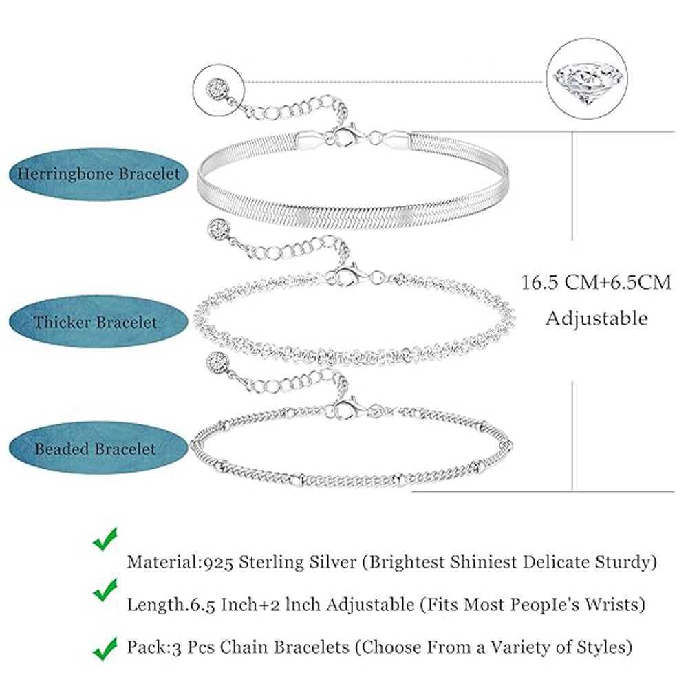 925 Sterling Silver Bracelets for Women Layered Dainty Link Chain Bracelet Adjustable Stackable Beaded Bracelets for Women Girls W250606