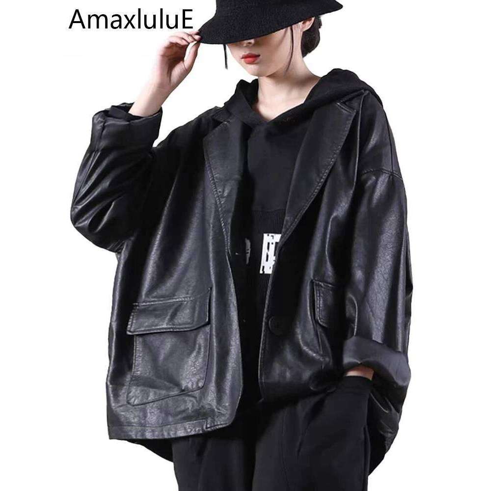 Amax luluE 2025 Autumn England Designer Womens Black Faux Leather Jackets Loose Casual Biker Coat Females Haruku Pu Streetwear