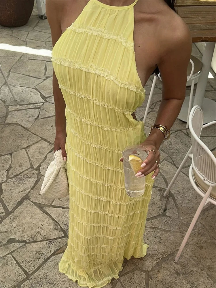 Tossy Spring Fashion Patchwork Long Dress For Women Lace-Up Backless High Waist Solid Holiday Beach Dress Ladies Maxi Dress 2025 250605