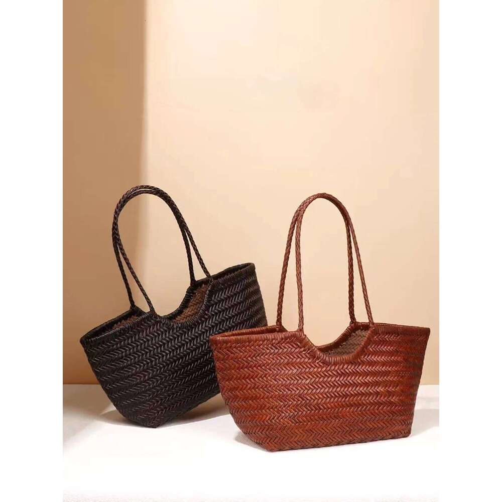 Women's Genuine Leather Woven Vegetable Basket Antique Tote Bag 2025 New High-Quality Versatile Large Capacity