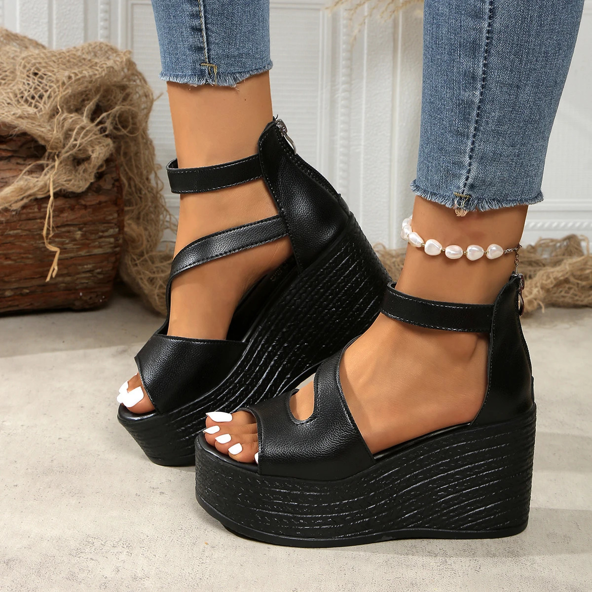 Women Wedges Sandals 2024 Summer High Heels Sandals Women Fashion Beach Solid Platform Shoes for Women Sandalias De Mujer 250605