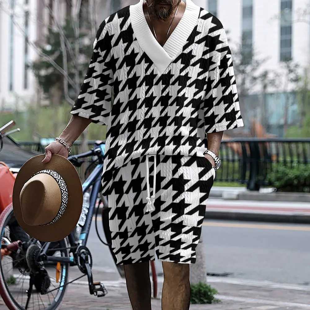 2024 New High Quality Knit Mens Set Summer V-neck Half-sleeve T-shirt And Shorts Two-piece Casual Striped 3D Mens Clothing W250609