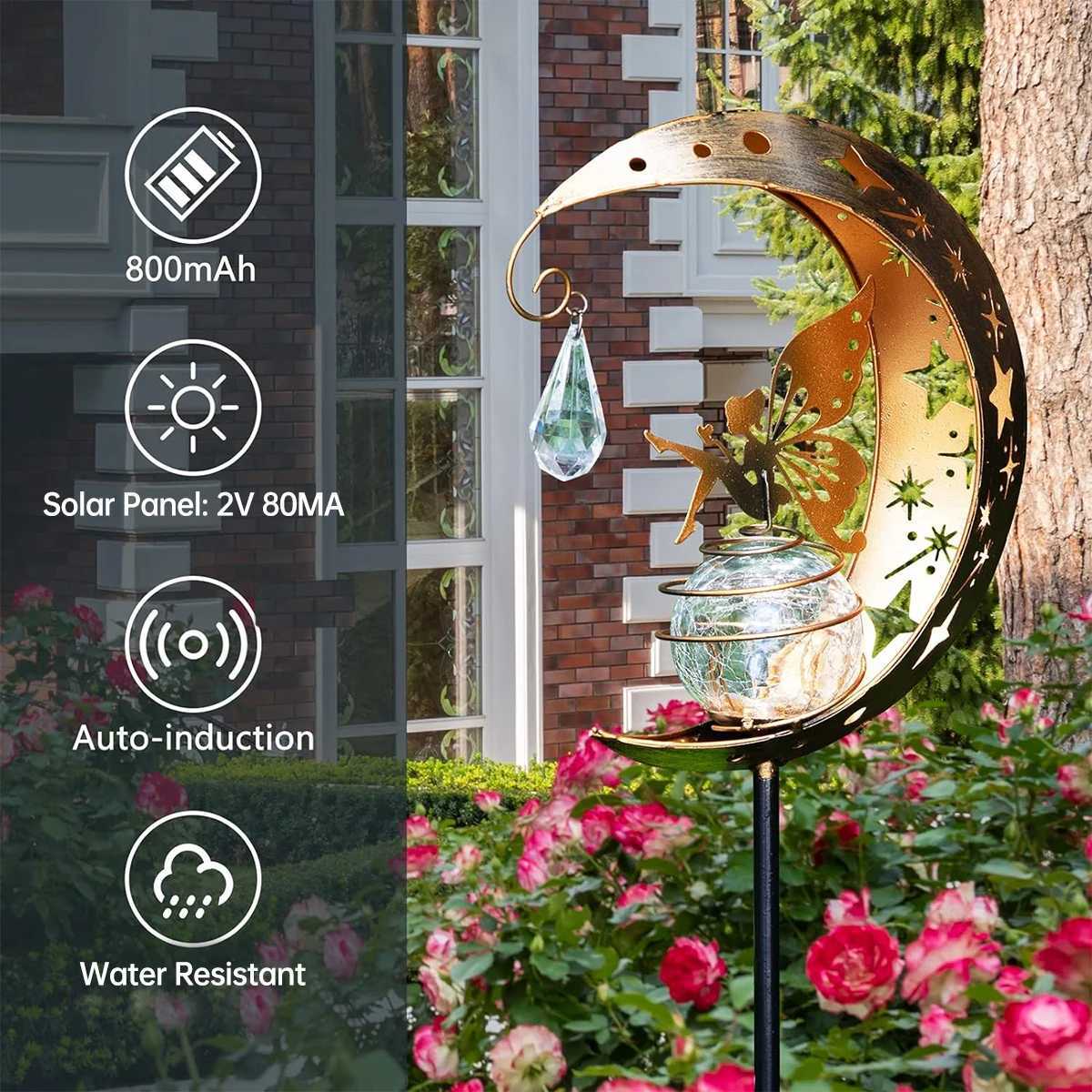 Solar Decoration Light Moon Fairy Lamp Outdoor Garden Crackle Glass Globe with Angel Pathway Stake Light Solar Ground Light XJ250606