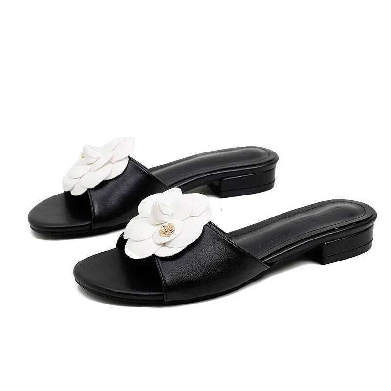 High End Flower Slippers Women Camellia Shoes Open Toe Slides Femme Outside&Home Pantuflas Sandals Ladies Flip Flops