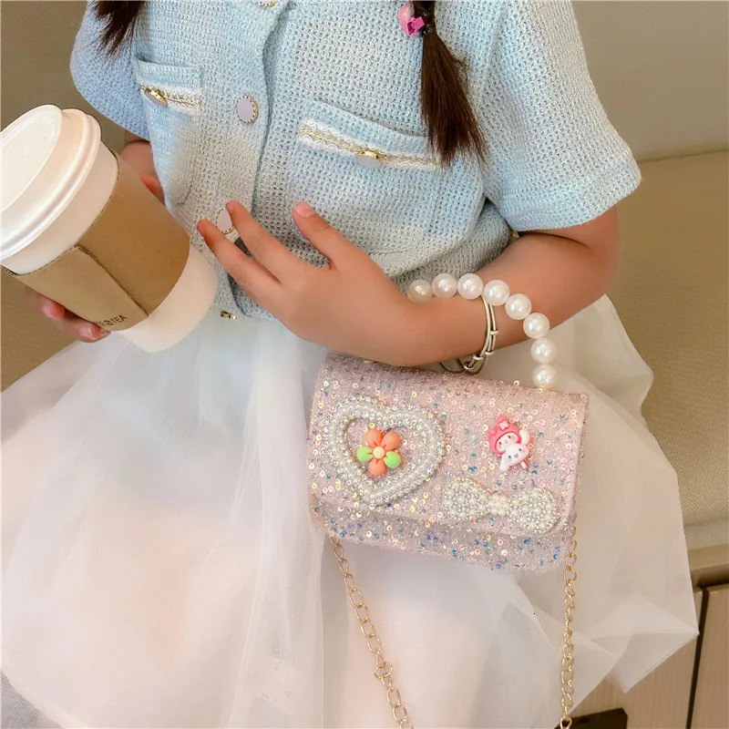 Pearl Beaded Childrens Small Square Shoulder Bag Sweet Bow Sequin Girls Messenger Bags Lovely Princess Handbags Accessories 250605