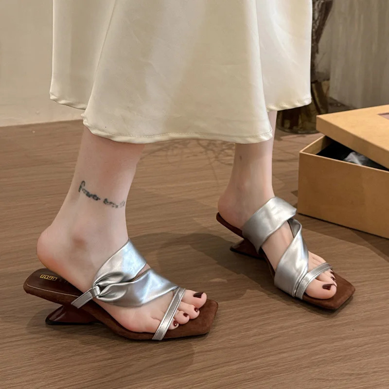 Silver Lightweight Med Heels Sandals for Women Summer Comfort Casual Strange Heels Shoes Pu Leather Square Toe Beach Sandals 250605