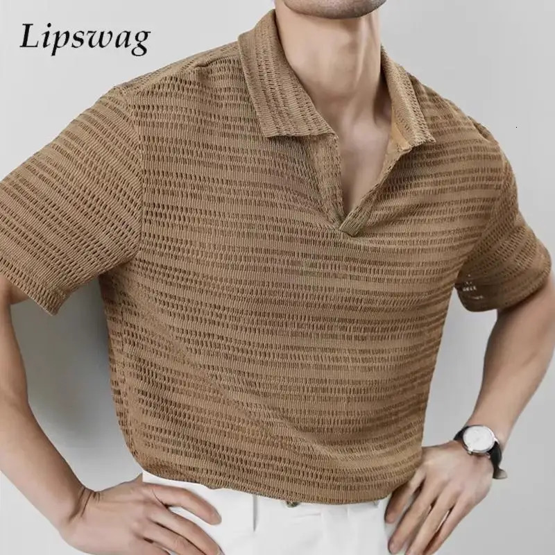 Stylish Mens Short Sleeve Polo Shirts Knit Hollow Out Breathable Polo Neck Tops Men Summer Casual Solid Color Knitted Polos 250605