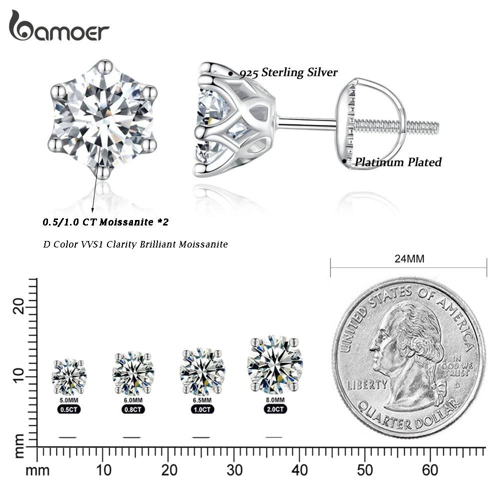 BAMOER Classic Moissanite Stud Earrings, S925 Silver D Color Brilliant Round Cut Lab Created Diamond Wedding 18k Gold Earrings Gift Women Man Romantic