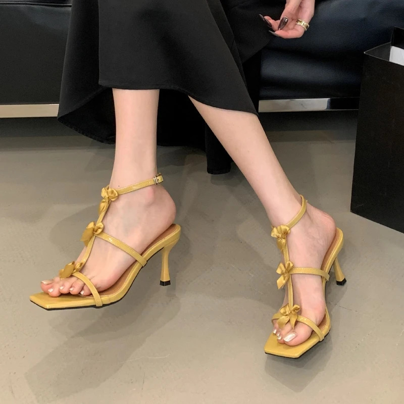Sexy Heels Women Fashion Narrow Strap Bow Elegant Summer High Heeled Sandals Wedding Bridal Shoes 250605