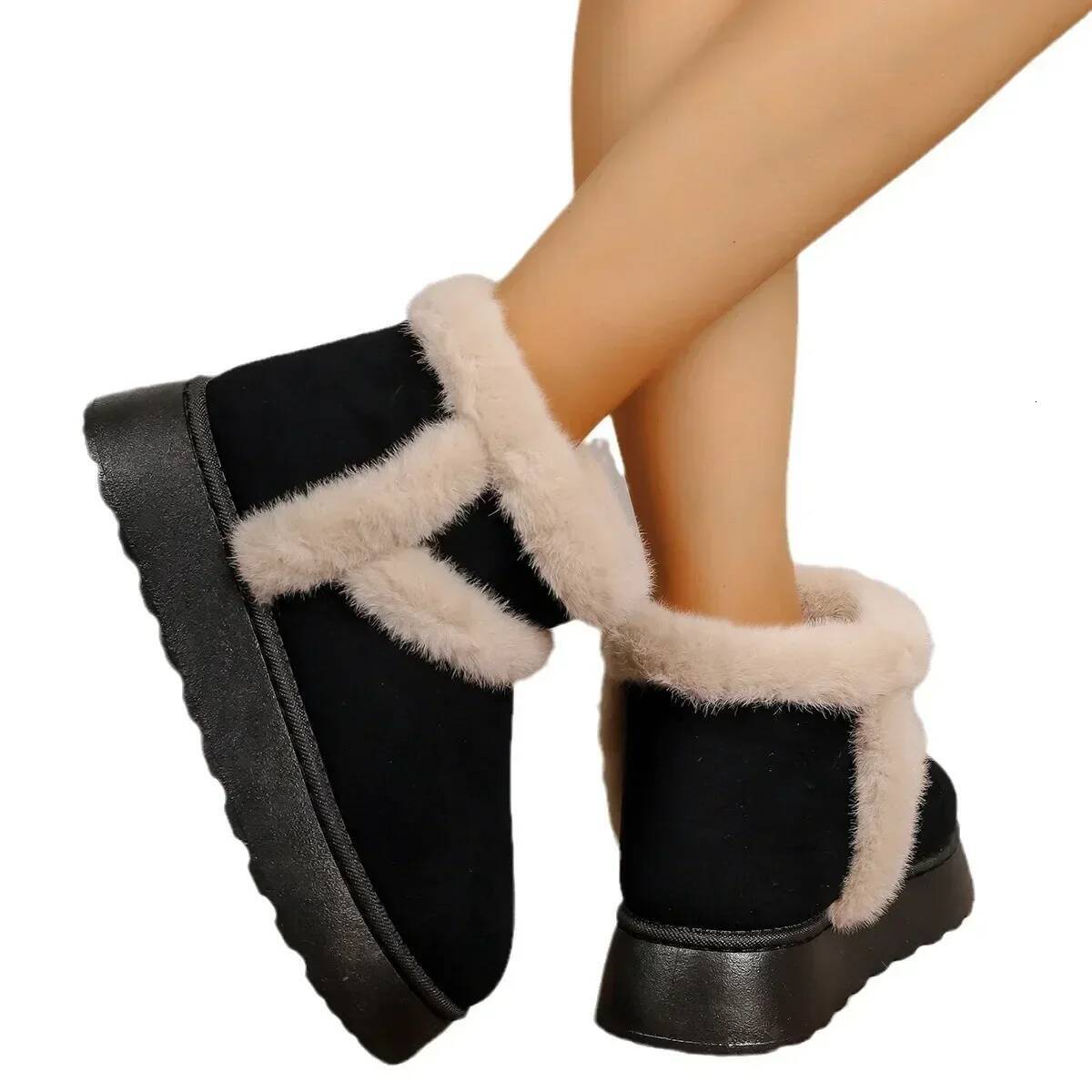 Ddmyoutdoor Women White Plush Boots Flat Bottomed Short Tube Thick Sole Platform Comfort Warm Snow Cotton Shoes Outdoor Shoes