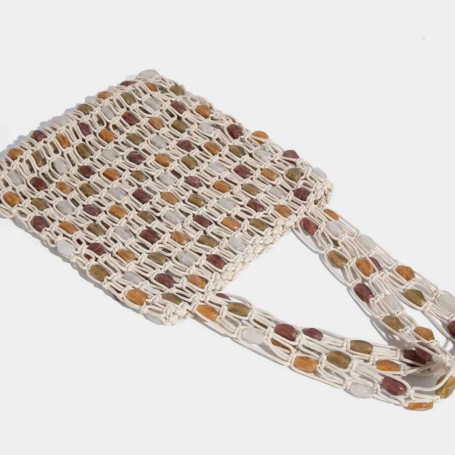 Women Hand-Woven Beaded Design Color-Blocking Tote Patchwork Net Woven Shoulder Bag Summer Hollow-Out Beach Handbag Bolsa