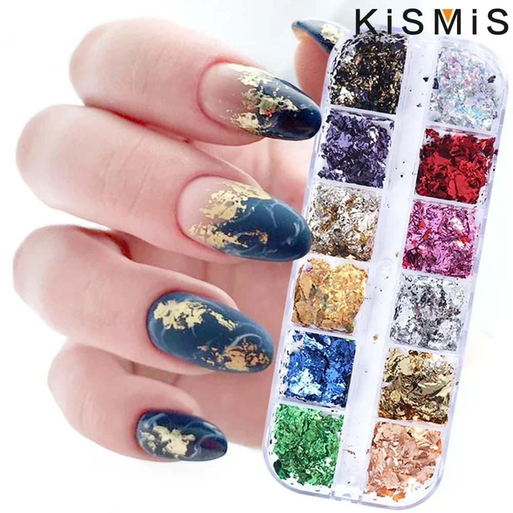 KISMIS 1 Box 12 Color Foils Gorgeous Nails Glitter Aluminum Flakes Chip Nail n Shiny Kismis Art Decoration 250605