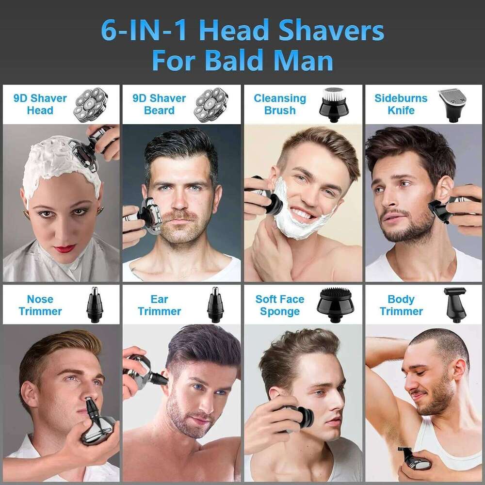 9D 6-In-1 Razor For Men Cordless Rechargeable & Waterproof Bald Head Shavers Electric Shaver