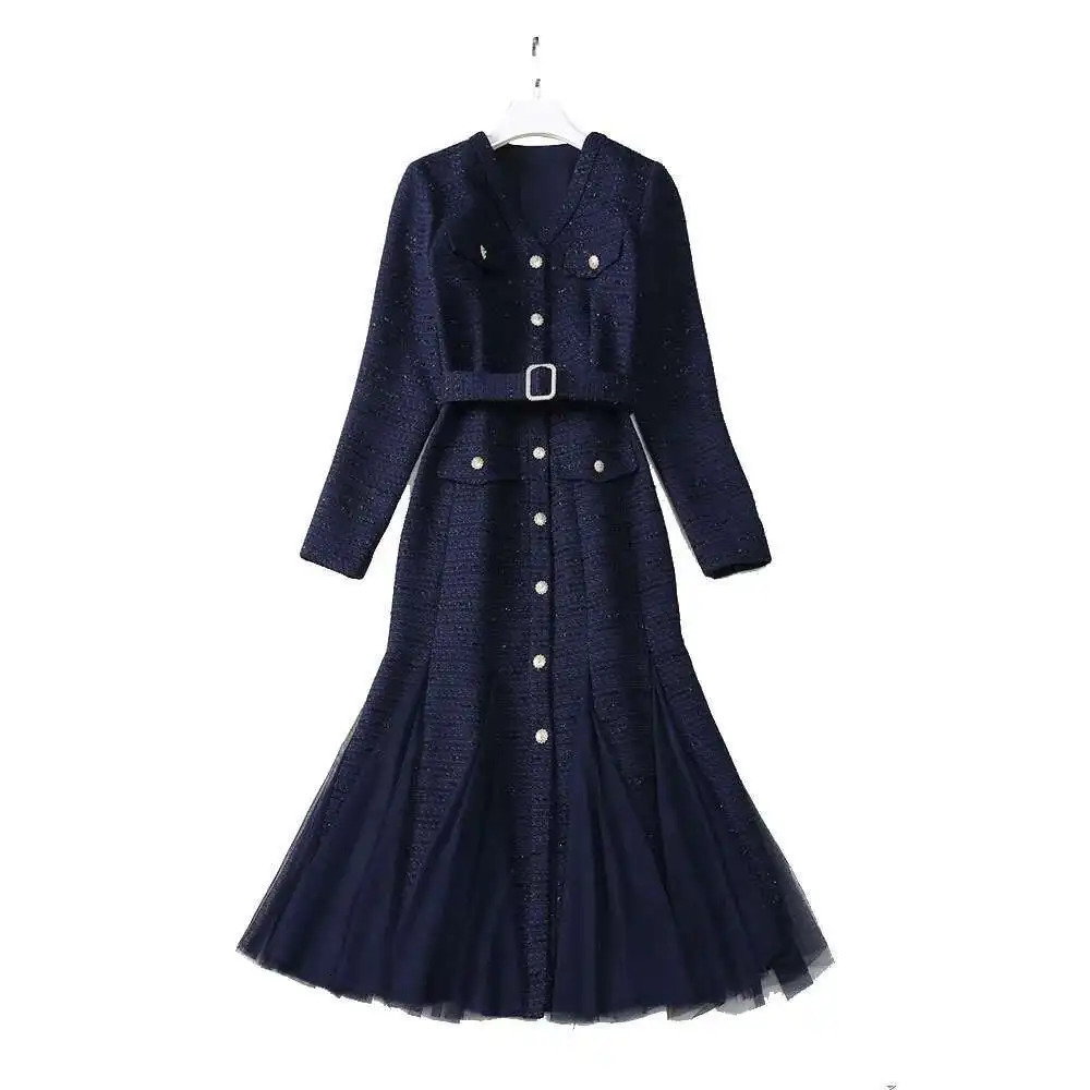 Autumn Winter Single Breasted Beading Tulle Tweed Dress For Women Long Sleeve Prom Evening Fishtail Midi Dresses Party Mermaid 250603