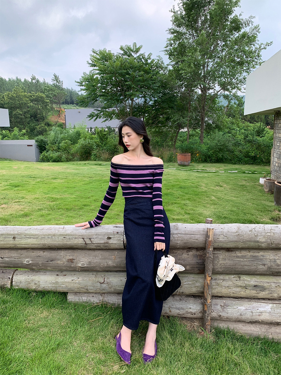 XR146 Women's Autumn Style High Waist Hip-wrapped Denim Long Skirt with Back Slits and Ties